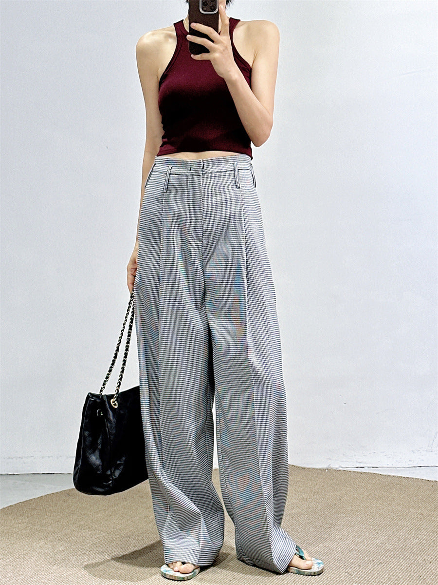 Fan-Favorite: New Spring/Summer Houndstooth Pants for Women, High-Waisted Wide-Leg Pants, Straight Loose Fit, Slimming Suit Pants SUN N.