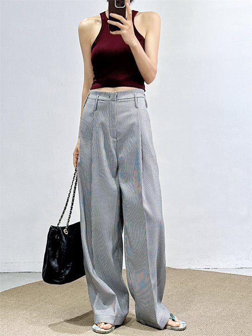 Fan-Favorite: New Spring/Summer Houndstooth Pants for Women, High-Waisted Wide-Leg Pants, Straight Loose Fit, Slimming Suit Pants SUN N.