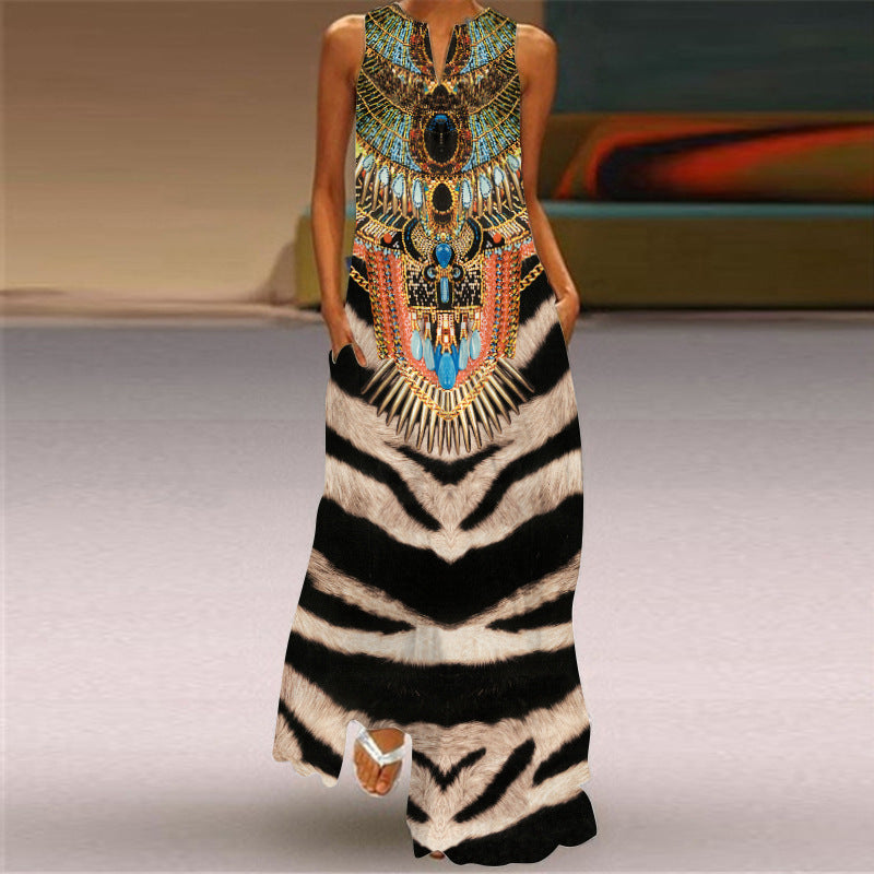 2026 Summer Women's Fashion Sexy Digital Print V-Neck Sleeveless Long Dress with Pockets European and American Style Dress S-5Xl SUN N.