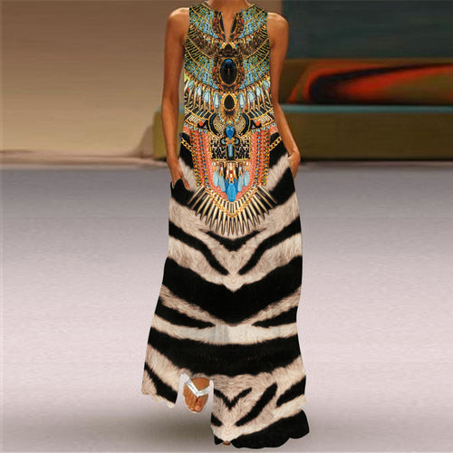 2026 Summer Women's Fashion Sexy Digital Print V-Neck Sleeveless Long Dress with Pockets European and American Style Dress S-5Xl SUN N.