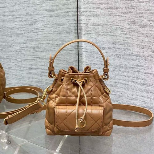 D's Caro Bucket Bag Micro Lambskin Fortune Bucket Rattan Pattern Soft Genuine Leather Women's Bag Fashionable Women's School Bag SUN N.