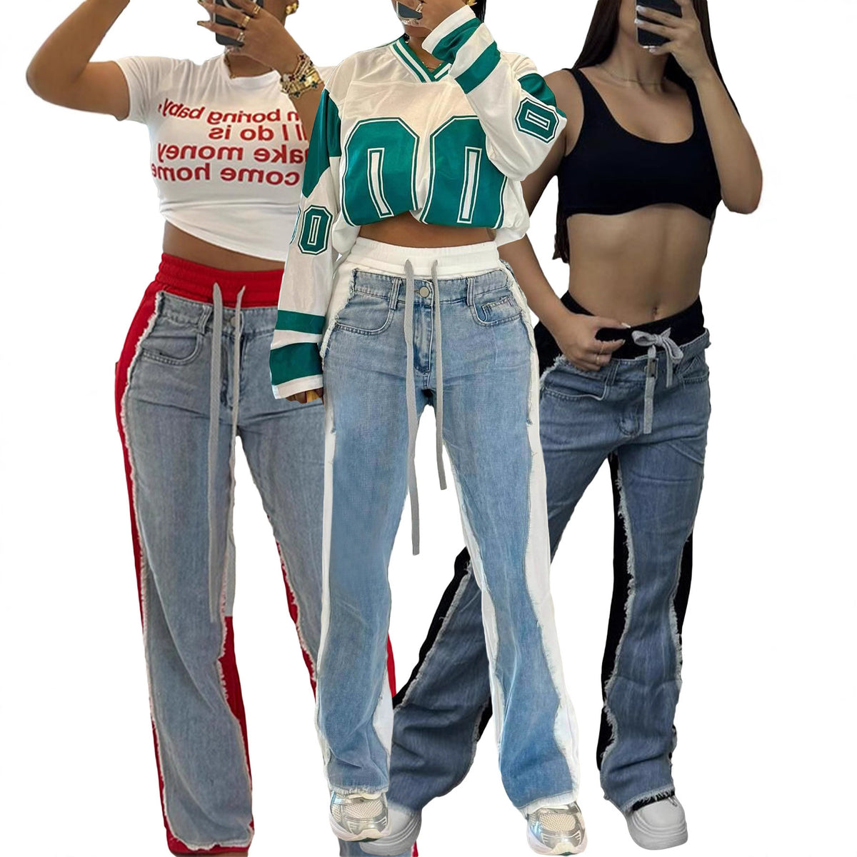 Jean patchwork femme – unique style with contrasting colors and trendy design in three different views.