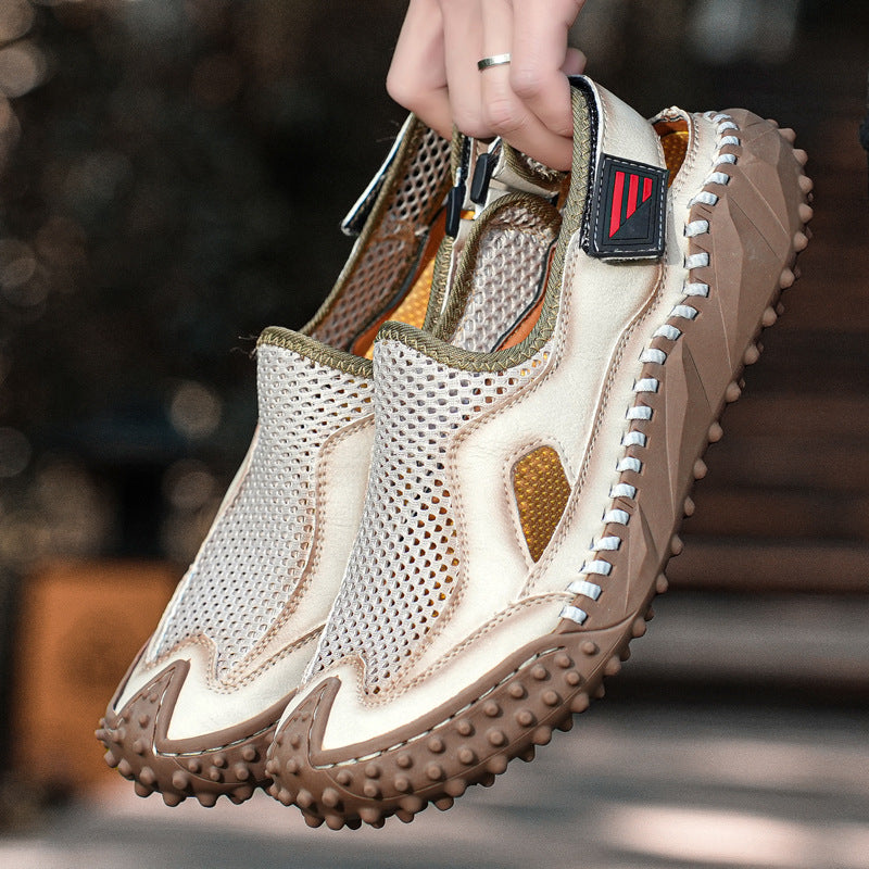 Sandales cuir véritable mesh - Respirantes et bout fermé, design artisanal pour confort estival.
