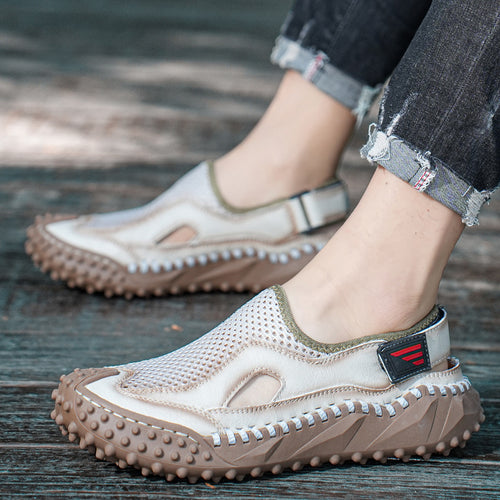 Sandales cuir véritable mesh - Respirantes et bout fermé, design artisanal pour confort estival.