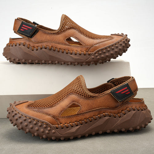 Sandales cuir véritable mesh - Respirantes et bout fermé, design artisanal pour confort estival.