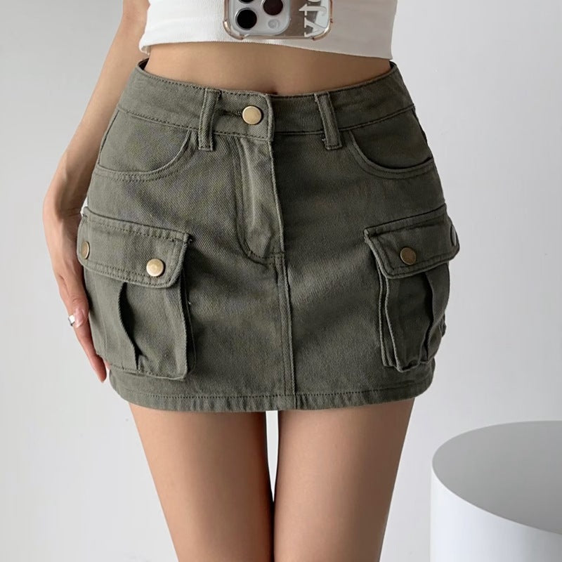 American Retro High Waist Hot Girl Denim Skirt Women's Spring and Summer New Overalls Overskirt Design Sense Slimming A- line Short Skirt SUN N.