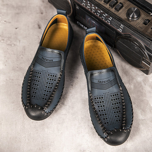 Chaussures Casual Homme Cuir Véritable ajouré cousu main, en cuir respirant et confortable, couleur marron.