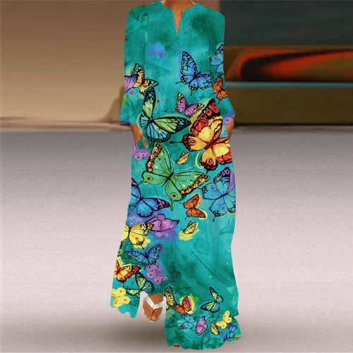2026 European and American Amazon Spring and Summer New Women's Long Dress V-Neck Long Sleeve Pocket Printed Loose Dress SUN N.