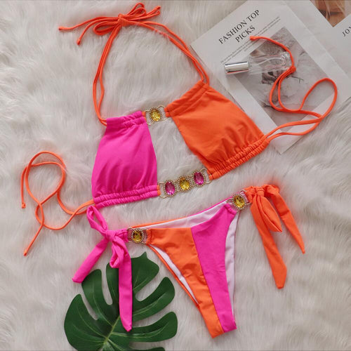 Baizi 2026 New Crystal Diamond Bikini European and American Sexy Patchwork Tie-Up Women's Two-Piece Swimsuit in Stock from the Manufacturer SUN N.