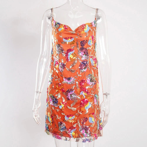 Foreign Trade Explosions Amazon Sexy Collar Backless Sequin Floral Chain Women's Sexy Short Dress SUN N.