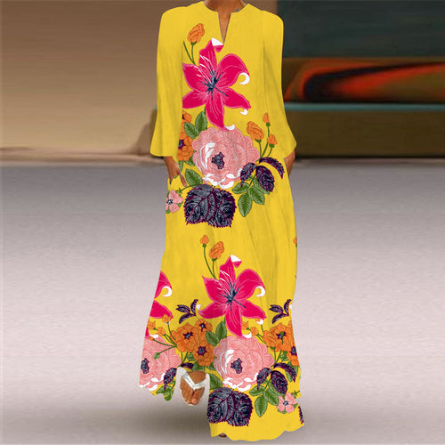 2026 European and American Amazon Spring and Summer New Women's Long Dress V-Neck Long Sleeve Pocket Printed Loose Dress SUN N.