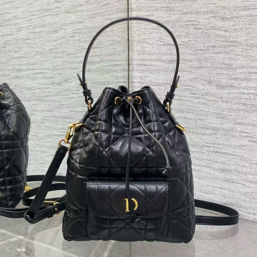 D's Caro Bucket Bag Micro Lambskin Fortune Bucket Rattan Pattern Soft Genuine Leather Women's Bag Fashionable Women's School Bag SUN N.