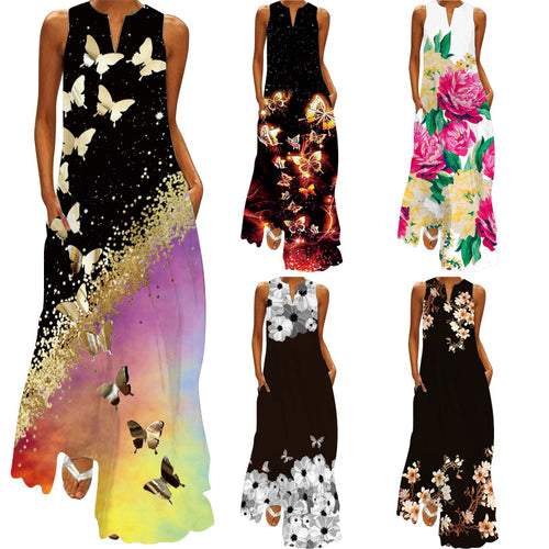 2026 New Summer Women's Sleeveless V-Neck Retro Printed Dress Long Skirt European and American Cross-Border Foreign Trade Women's Clothing SUN N.