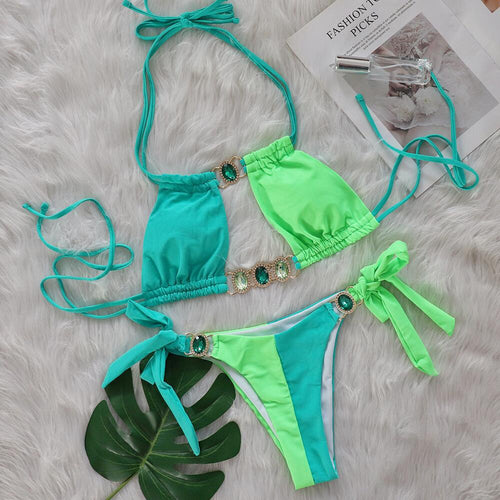 Baizi 2026 New Crystal Diamond Bikini European and American Sexy Patchwork Tie-Up Women's Two-Piece Swimsuit in Stock from the Manufacturer SUN N.