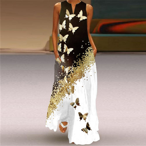 2026 New Summer Women's Sleeveless V-Neck Retro Printed Dress Long Skirt European and American Cross-Border Foreign Trade Women's Clothing SUN N.