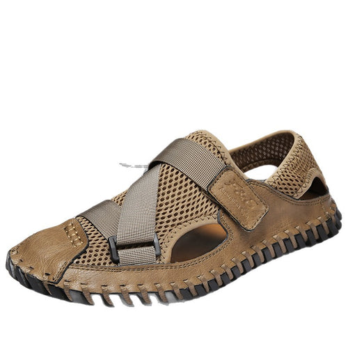 Sandales cuir mesh bout fermé en cuir marron, légères et durables pour hommes.