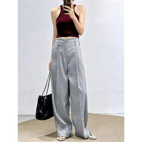 Fan-Favorite: New Spring/Summer Houndstooth Pants for Women, High-Waisted Wide-Leg Pants, Straight Loose Fit, Slimming Suit Pants SUN N.