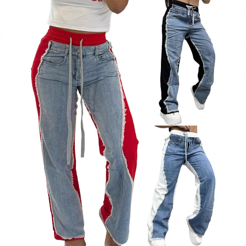 Jean patchwork femme – unique style with contrasting colors and trendy design in three different views.