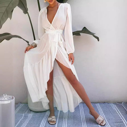 Amazon Spring and Summer Long Dress AliExpress European and American Chiffon Solid Color Sunscreen Beach Vacation dress Blouse SUN N.