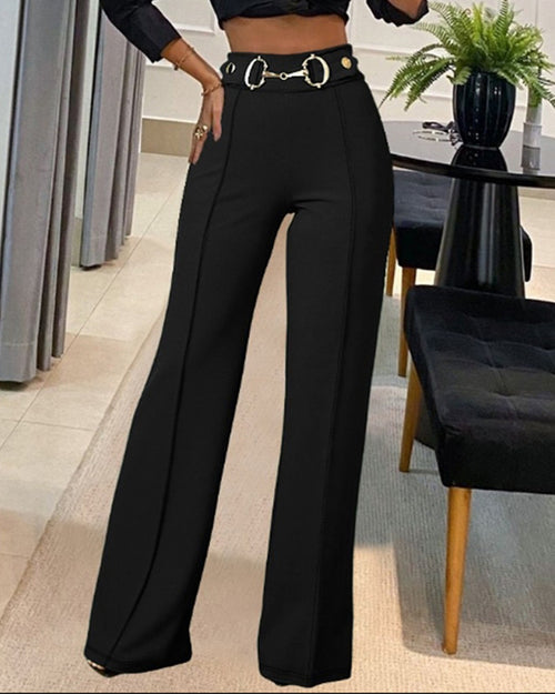 Pantalon droit taille haute – Casual & Couleur Unie en vert, noir et rouge, offrant une coupe flatteuse et moderne.