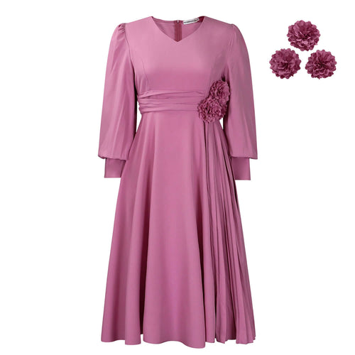 Robe coupe A élégante en couleur sable avec manches bouffantes et détails plissés, parfaite pour toutes les silhouettes.