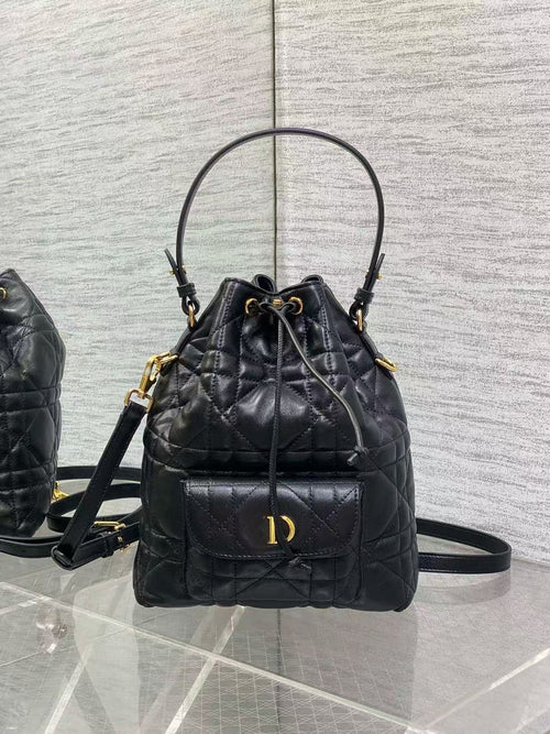 D's Caro Bucket Bag Micro Lambskin Fortune Bucket Rattan Pattern Soft Genuine Leather Women's Bag Fashionable Women's School Bag SUN N.