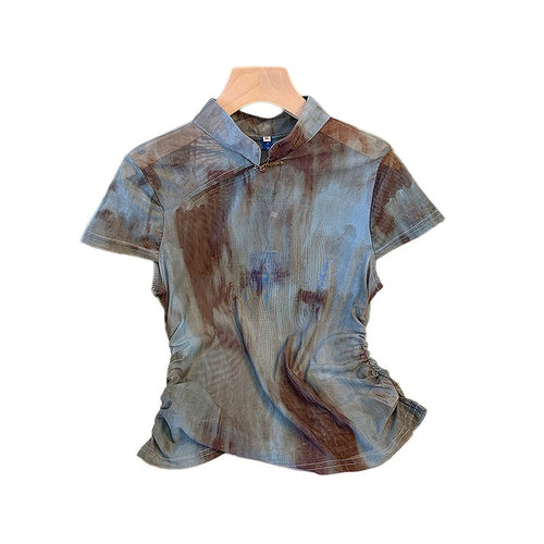 French Tailstock Leaks Women's Original Single Withdrawal New Chinese-style Improved Cheongsam Top Retro Socialite Fan Short-sleeved T-shirt SUN N.