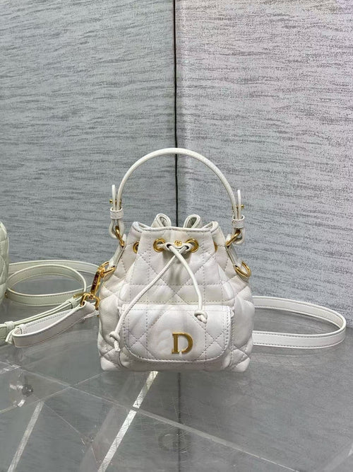 D's Caro Bucket Bag Micro Lambskin Fortune Bucket Rattan Pattern Soft Genuine Leather Women's Bag Fashionable Women's School Bag SUN N.