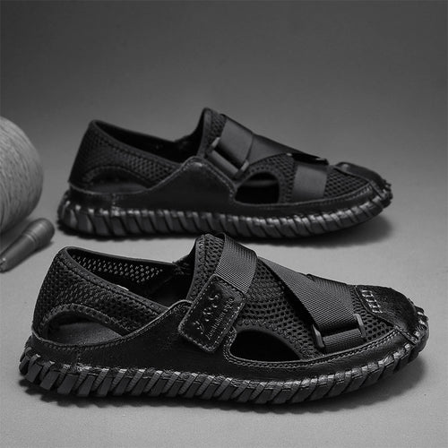 Sandales cuir mesh bout fermé en cuir marron, légères et durables pour hommes.