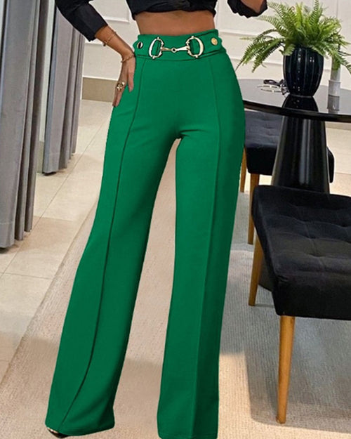 Pantalon droit taille haute – Casual & Couleur Unie en vert, noir et rouge, offrant une coupe flatteuse et moderne.