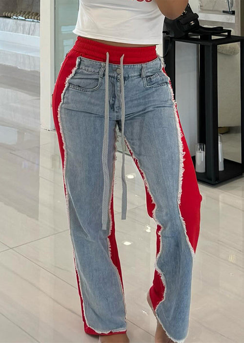 Jean patchwork femme – unique style with contrasting colors and trendy design in three different views.