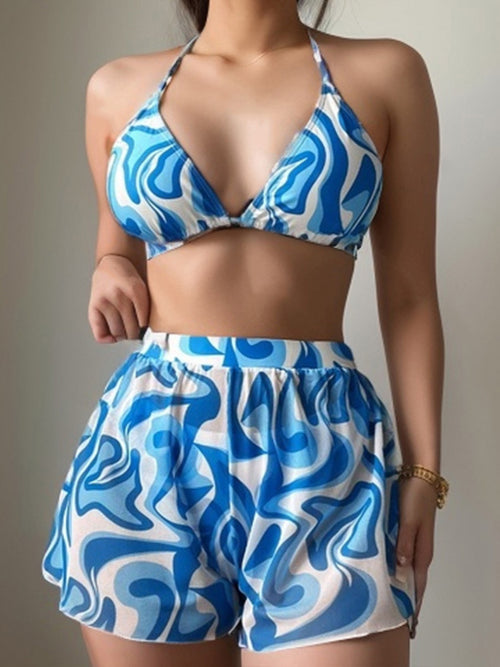 European and American New Bikini Three-piece Swimwear Women's Sexy Printed Strap Swimwear Cross-border Hot-selling Holiday Swimwear for Women SUN N.