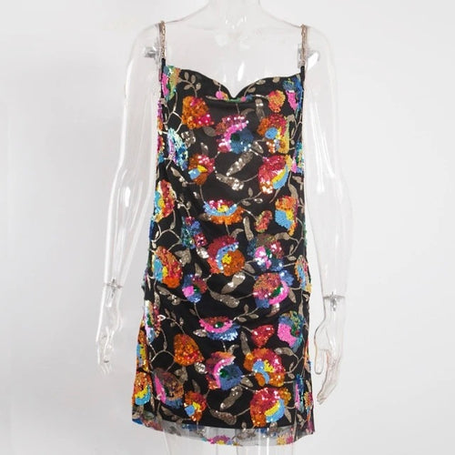 Foreign Trade Explosions Amazon Sexy Collar Backless Sequin Floral Chain Women's Sexy Short Dress SUN N.