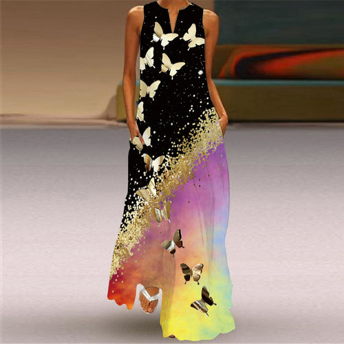 2026 New Summer Women's Sleeveless V-Neck Retro Printed Dress Long Skirt European and American Cross-Border Foreign Trade Women's Clothing SUN N.