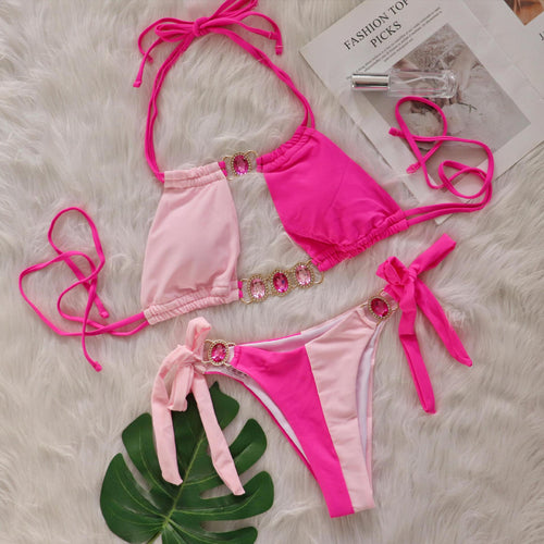 Baizi 2026 New Crystal Diamond Bikini European and American Sexy Patchwork Tie-Up Women's Two-Piece Swimsuit in Stock from the Manufacturer SUN N.