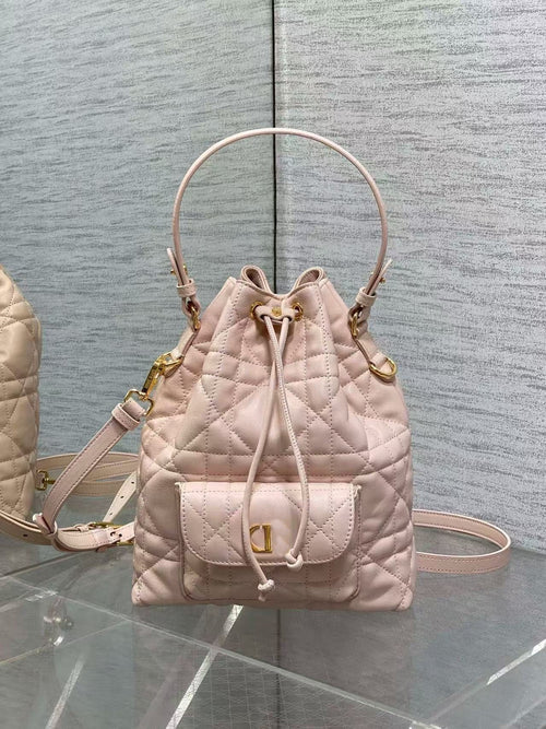D's Caro Bucket Bag Micro Lambskin Fortune Bucket Rattan Pattern Soft Genuine Leather Women's Bag Fashionable Women's School Bag SUN N.