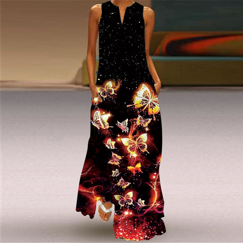 2026 New Summer Women's Sleeveless V-Neck Retro Printed Dress Long Skirt European and American Cross-Border Foreign Trade Women's Clothing SUN N.