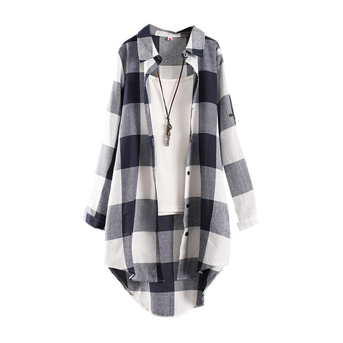 Plaid Shirt Women's Spring and Summer Wear Thin Sun Protection Clothing Cardigan Top Cotton Linen Coat Mid-length Long Sleeve Plaid Shirt SUN N.