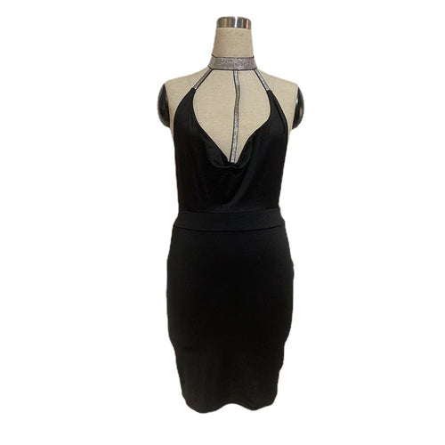 2022 European and American sexy sling jumpsuit hip skirt side slit hot rhinestone low-cut halter tight nightclub skirt in stock SUN N.