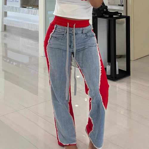 Jean patchwork femme – unique style with contrasting colors and trendy design in three different views.