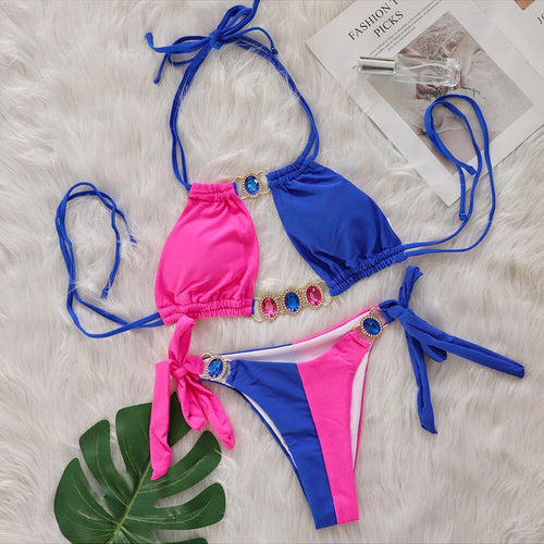 Baizi 2026 New Crystal Diamond Bikini European and American Sexy Patchwork Tie-Up Women's Two-Piece Swimsuit in Stock from the Manufacturer SUN N.
