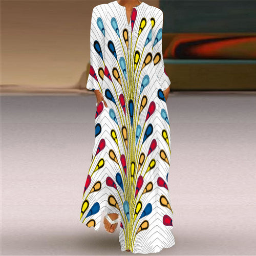 2026 European and American Amazon Spring and Summer New Women's Long Dress V-Neck Long Sleeve Pocket Printed Loose Dress SUN N.