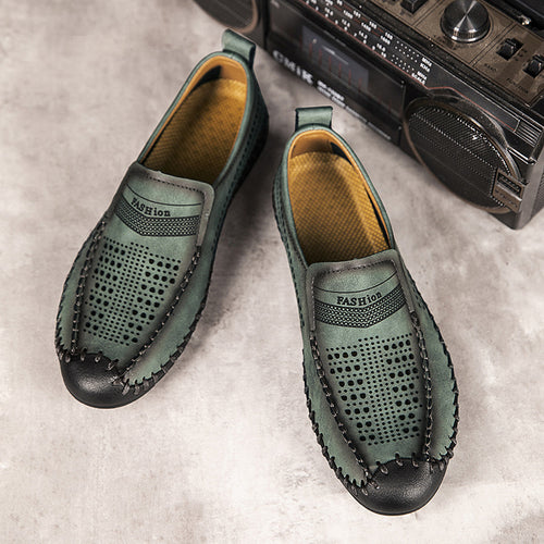 Chaussures Casual Homme Cuir Véritable ajouré cousu main, en cuir respirant et confortable, couleur marron.