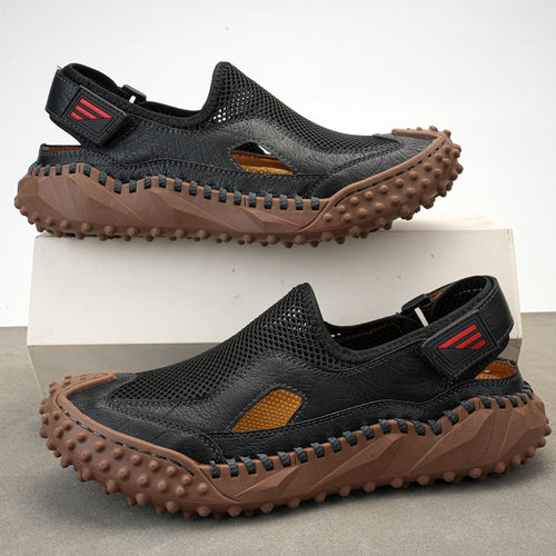 Sandales cuir véritable mesh - Respirantes et bout fermé, design artisanal pour confort estival.
