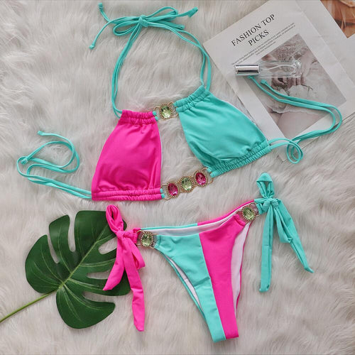 Baizi 2026 New Crystal Diamond Bikini European and American Sexy Patchwork Tie-Up Women's Two-Piece Swimsuit in Stock from the Manufacturer SUN N.