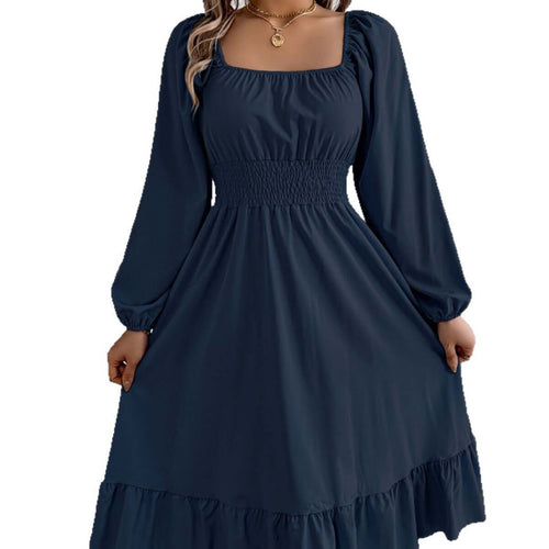 Robe casual col carré à volants en bleu, manches longues, coupe A, idéale pour le printemps-été 2026.