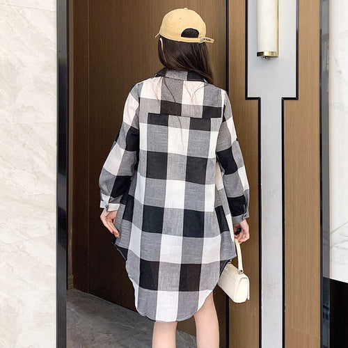 Plaid Shirt Women's Spring and Summer Wear Thin Sun Protection Clothing Cardigan Top Cotton Linen Coat Mid-length Long Sleeve Plaid Shirt SUN N.