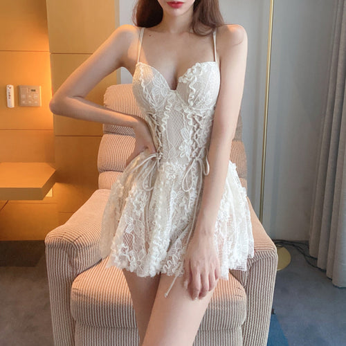 Cross-border Wholesale One-piece Swimsuit Women's Conservative Skirt Strap Backless ins Fairy Fan Sexy Lace Spa Swimsuit SUN N.