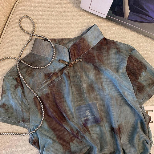 French Tailstock Leaks Women's Original Single Withdrawal New Chinese-style Improved Cheongsam Top Retro Socialite Fan Short-sleeved T-shirt SUN N.