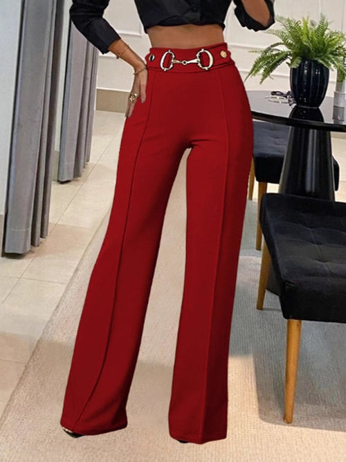 Pantalon droit taille haute – Casual & Couleur Unie en vert, noir et rouge, offrant une coupe flatteuse et moderne.